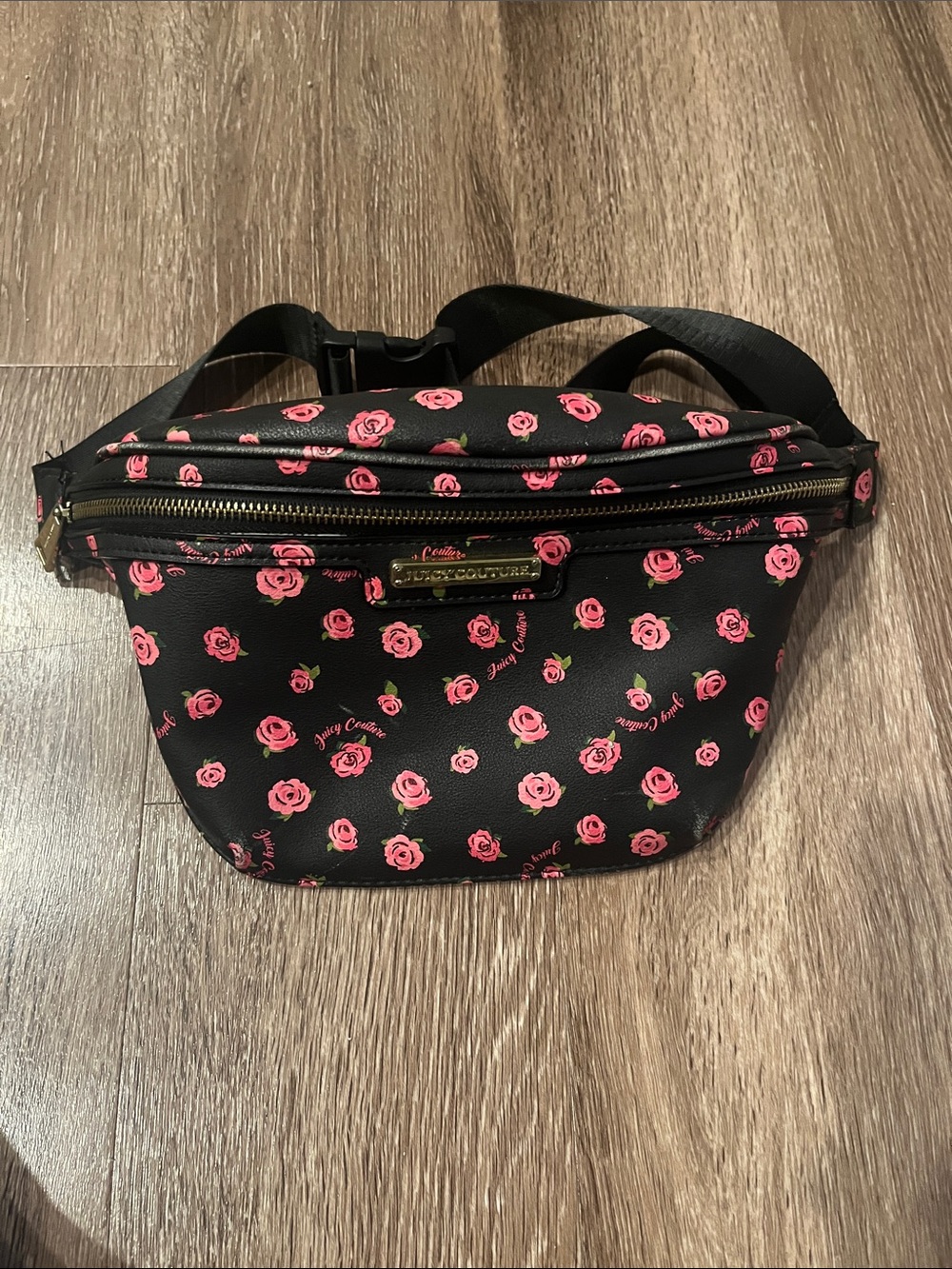 Juicy Couture Black & Pink Rose Print belt Bag